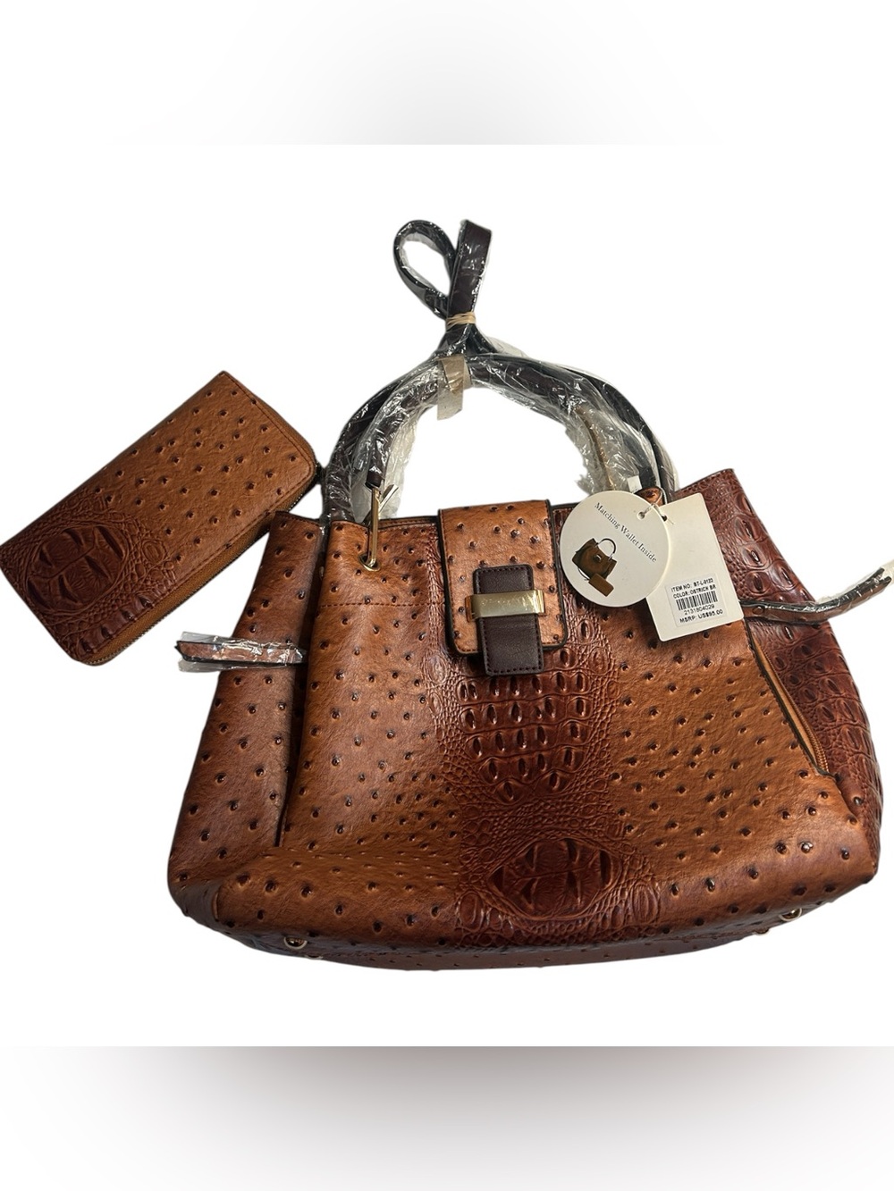 Brown Faux-Ostrich Crossbody Bag with Matching Wallet